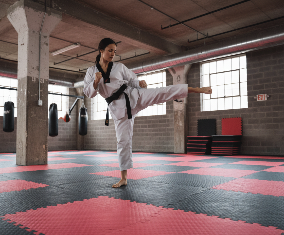 Premium 20mm Red/Black Jigsaw Mat for Taekwondo - High-Density EVA Foam, Waterproof and Reversible Design