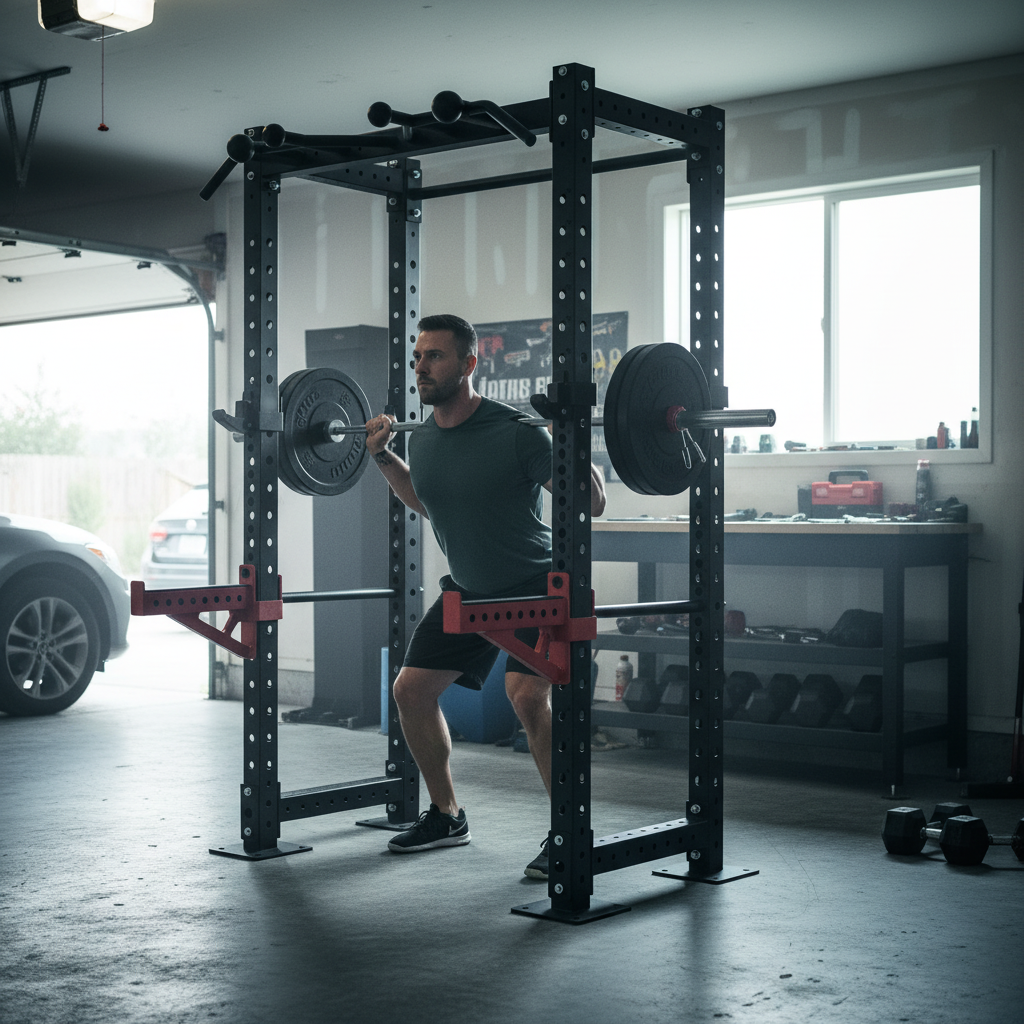 Professional Compact Garage Power Rack with Safety Bars and J Hooks for Home Use