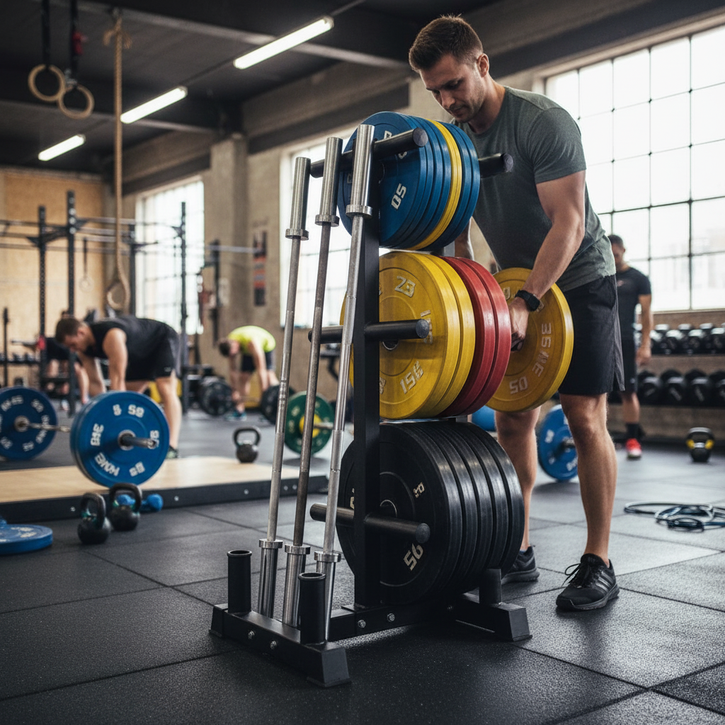 Premium Heavy Duty Bumper Plate Storage Rack with 4 Bar Holders and Black Powder-Coated Steel Construction