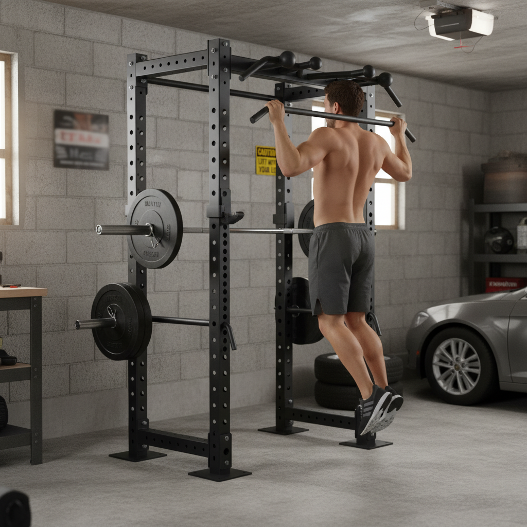 Professional Compact Garage Power Rack with Safety Bars and J Hooks for Home Use