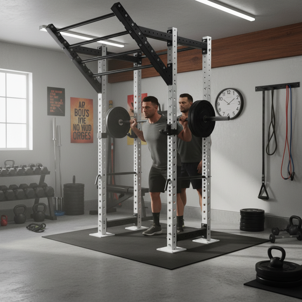 Premium Compact Power Rack with Heavy Duty 11 Gauge Steel Construction, Ideal for Space Constraints, Includes J Cups and Floor Bolts