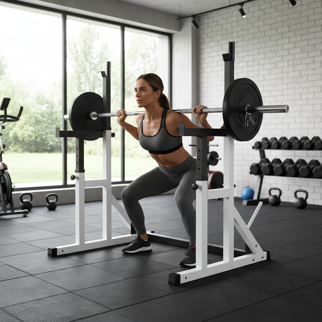Premium Adjustable Squat Rack with Spotters for Safe Solo Training - Perfect for Bench Press, Squats & Dips