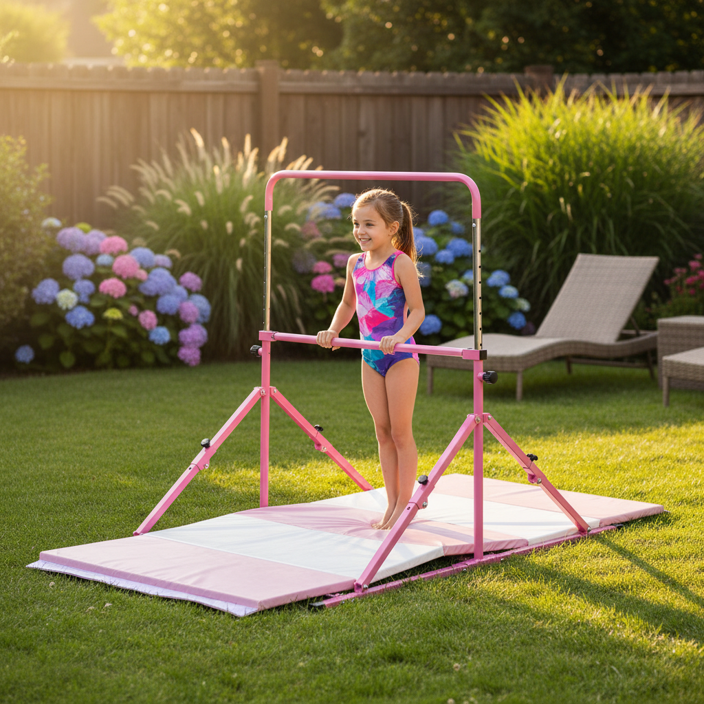 Premium Mini Folding Junior Gymnastics Bars Adjustable 84cm to 125cm with Safety Mat for Young Athletes