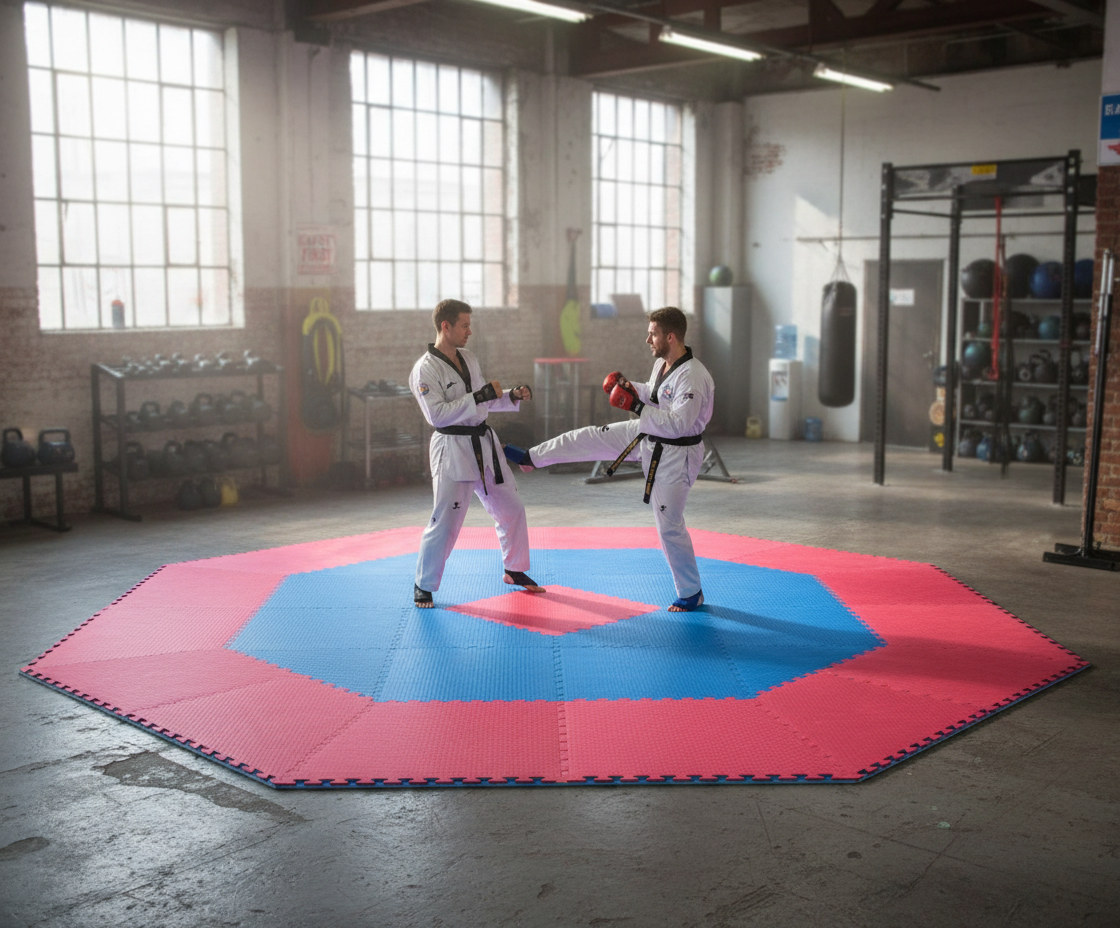 Premium Octagon Taekwondo Ring Jigsaw Mats Set of 2 - 40mm Thick 1m x 1m Red/Blue for Martial Arts Competition