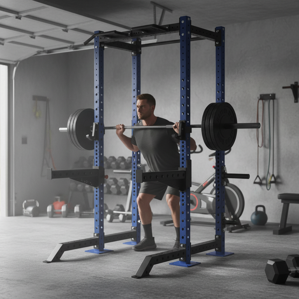 Premium Heavy Duty Half Rack with Adjustable Pull-Up Bars, Compact Design, and Versatile Workout Options for Squats and Bench Presses