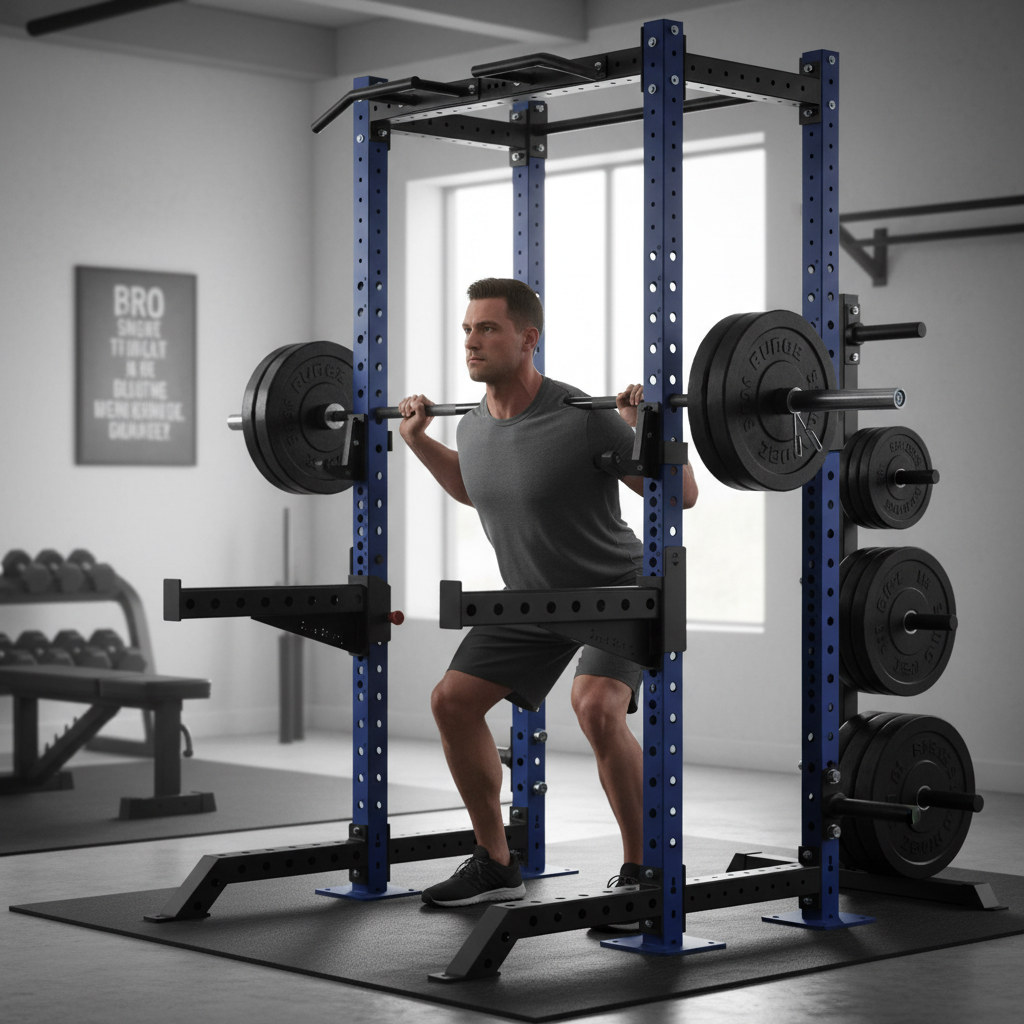 Premium Heavy Duty Half Rack with Adjustable Pull-Up Bars, Compact Design, and Versatile Workout Options for Squats and Bench Presses