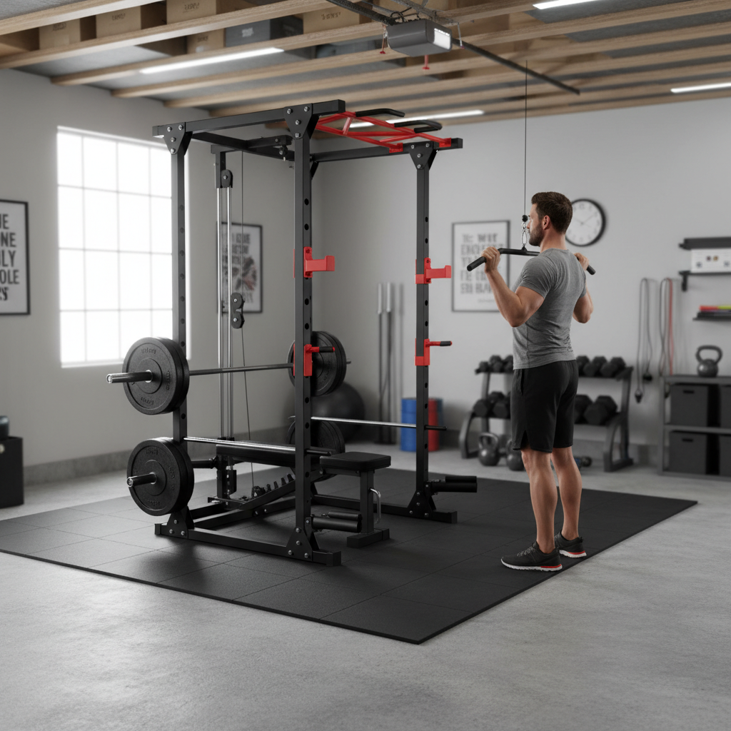 Premium Power Multi Cage with Cable Pulley System for Home Strength Training, Supports 400kg, Adjustable Safety Bars and Integrated Pull-Up Bar