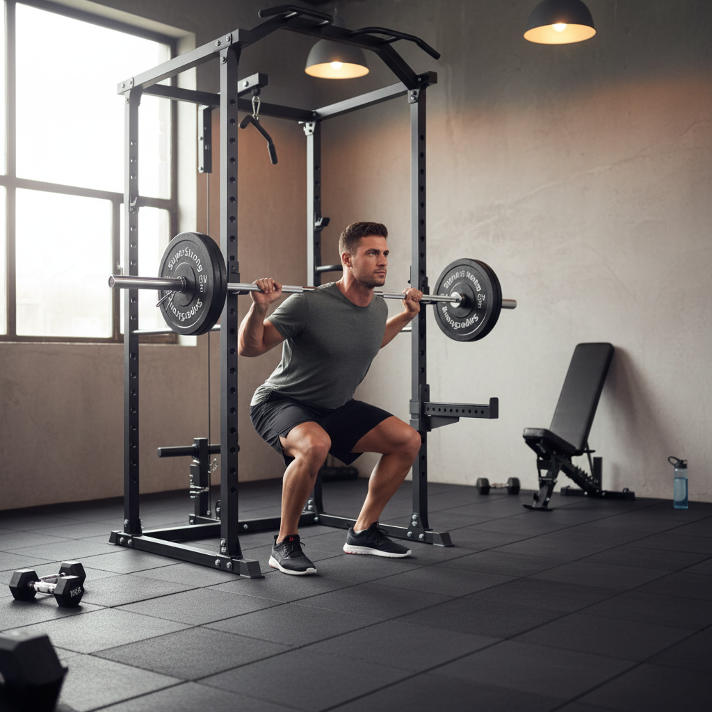 Premium 60kg Bumper Plate Set with Heavy Duty Cable Squat Rack & 7FT Barbell for Olympic Lifting