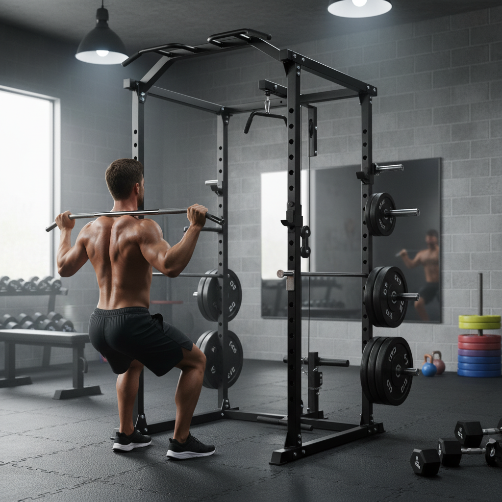 Professional Heavy Duty Gym Squat Rack with Plate Loaded Cable Pulley and Multi-Grip Pull Up Bar for Home Workouts