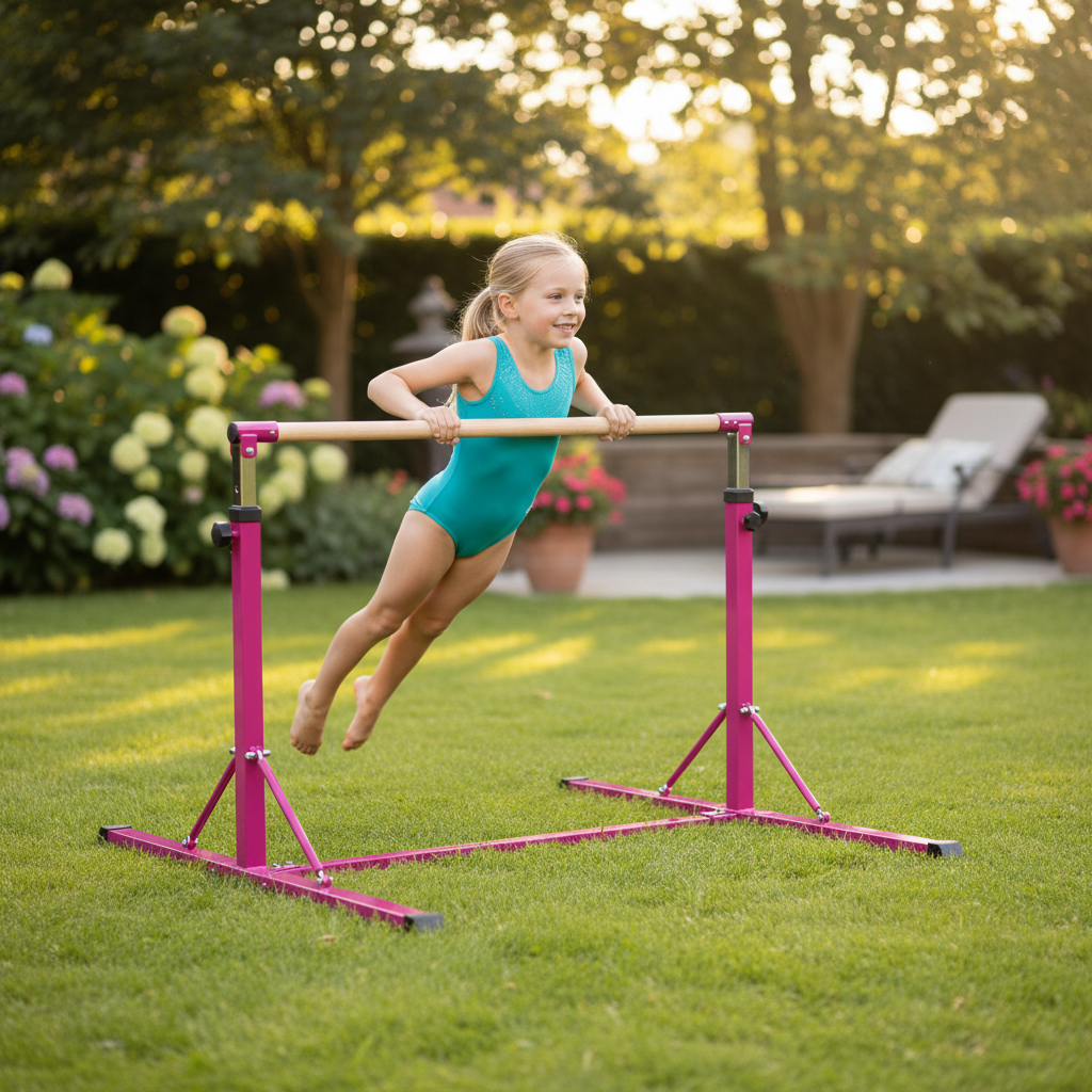 Premium Heavy Duty Folding Junior Pro Adjustable Horizontal Bars for Gymnastics – 3-5ft with Sturdy Fiberglass Construction