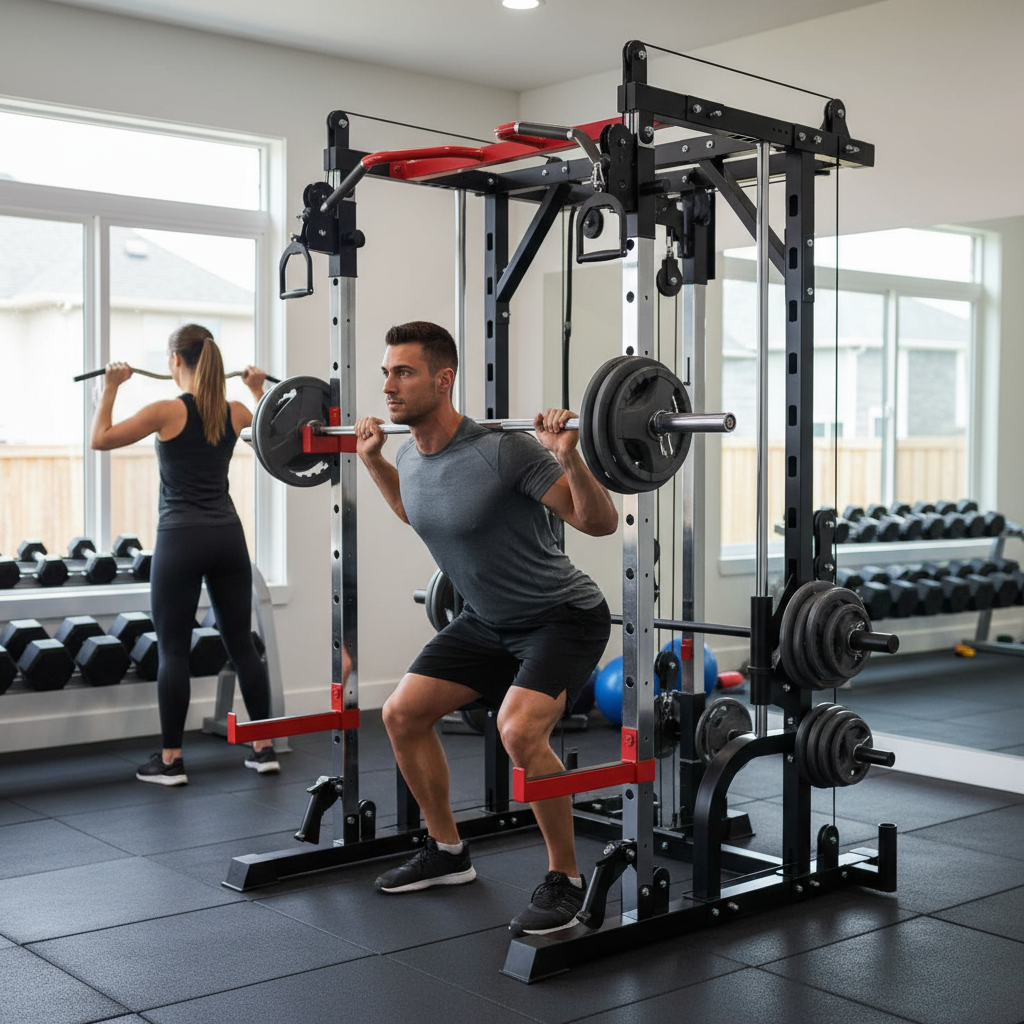 Premium Multi-Functional Strength Training Machine with Adjustable Cables and Guided Barbell System for Full-Body Workouts