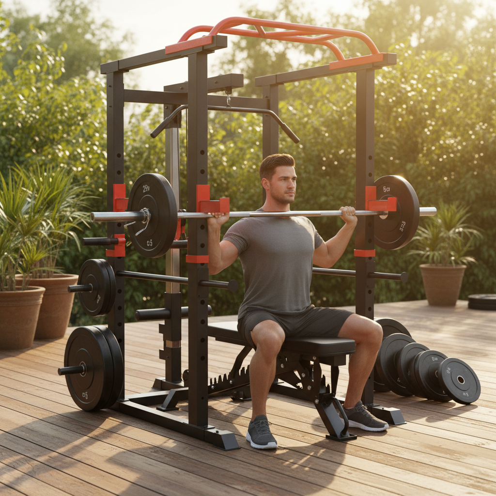 Premium Heavy Duty 150kg Bumper Plates with Adjustable Weight Bench, Power Multi Cage, and Olympic Barbell for Home Gym