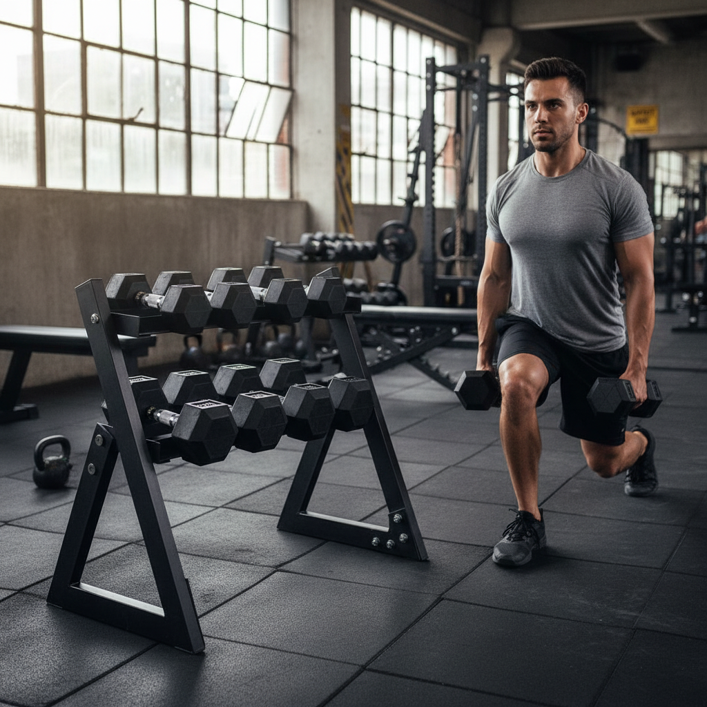 Professional Heavy Duty Dumbbell Set with 4 Pairs from 5kg to 20kg and Compact Storage Rack