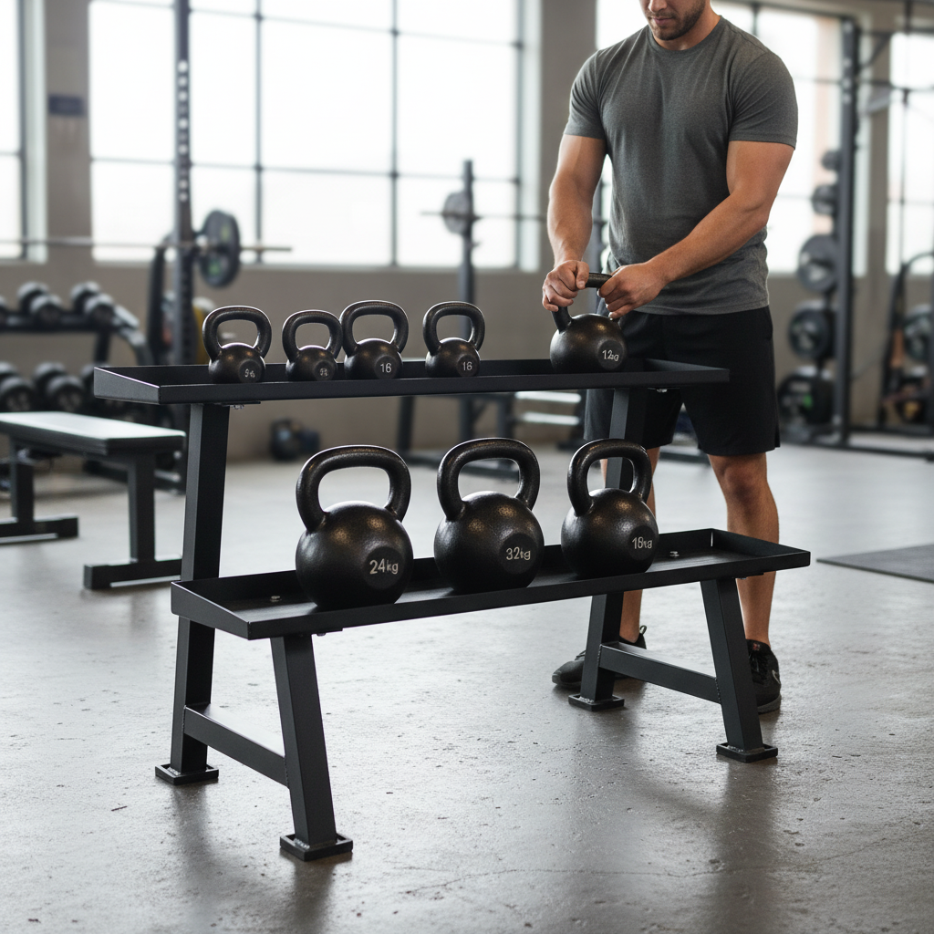Heavy Duty 2 Tier Kettlebell Rack with Rubber Inlays for Secure Storage and Organization