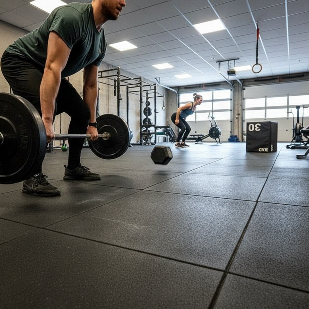 Premium High-Performance Solid Grey Garage Gym Flooring Set – 18m² of 20mm Rubber Tiles with Slip Resistance and Sound Reduction