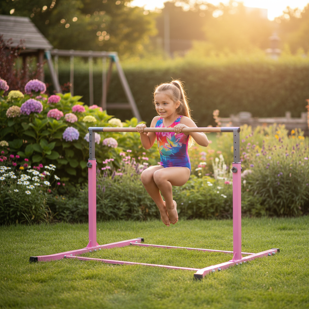 Premium Adjustable Height Gymnastics Training Bar for Junior Gymnasts - Perfect for Beginners, Durable Steel Construction with Fiberglass Rail