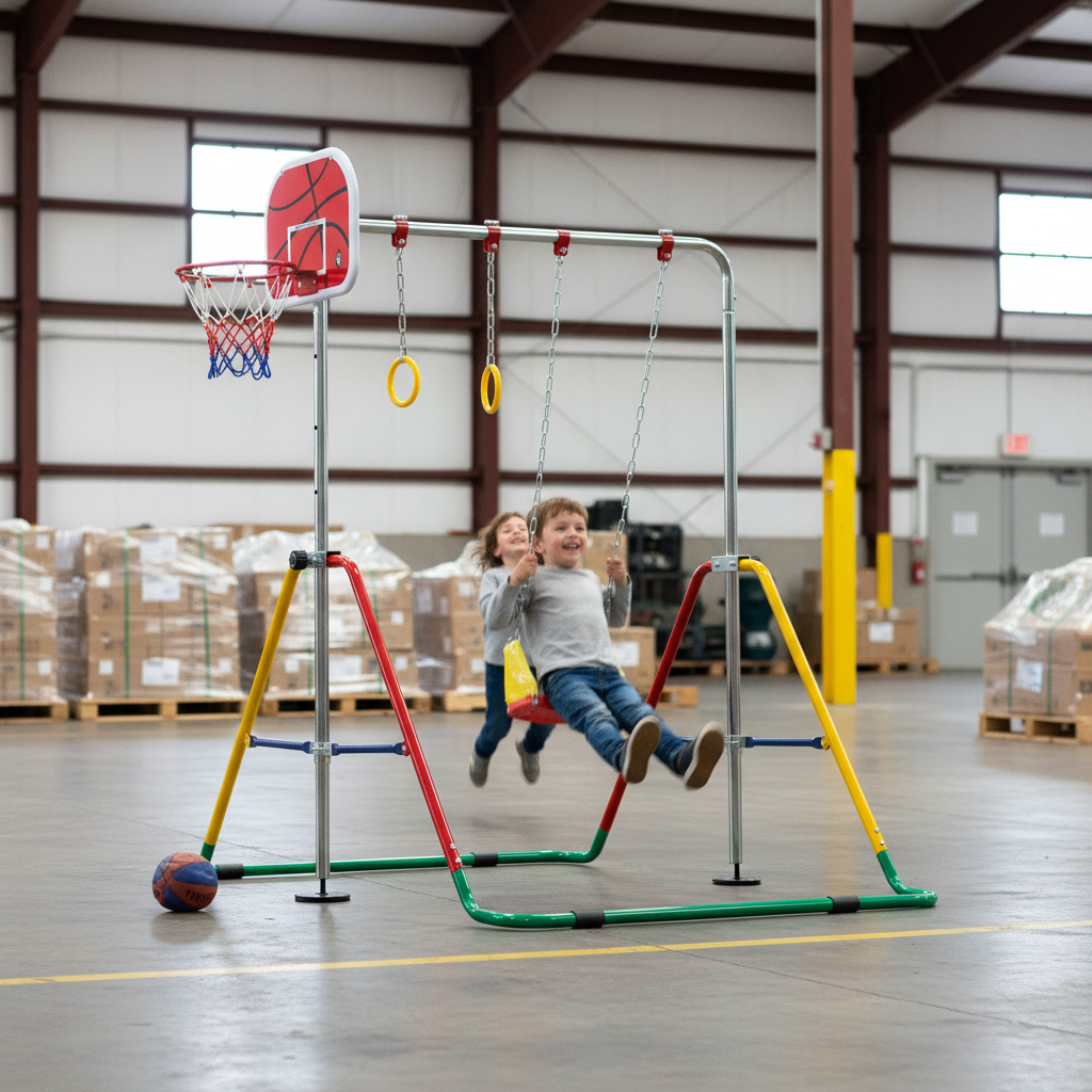 Premium Mini Folding Gymnastics Bar Activity Station with Basketball Hoop, Swing, and Rings for Kids, Adjustable Heights for Ages Up to 6 Years