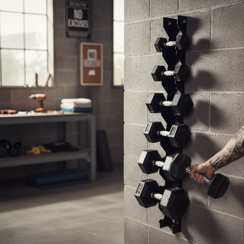 Premium Heavy Duty Wall Mounted Dumbbell Rack for Space-Saving Gym Organization - Holds Five Pairs of Hex Dumbbells