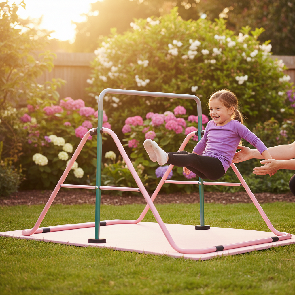 Premium Adjustable Height Junior Gymnastics Bar with Safety Mat for Home Use, Ideal for Strength and Coordination Training