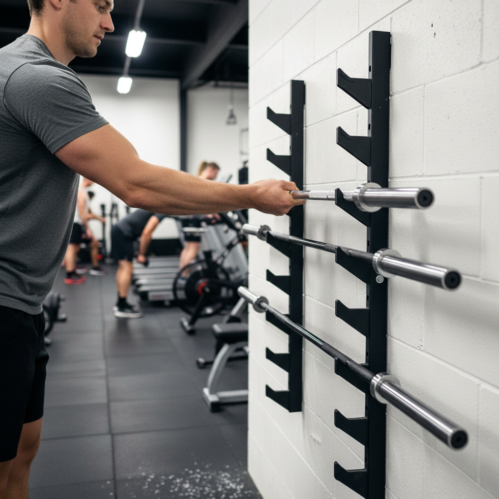 Premium Heavy Duty Wall Mounted Barbell Shelf with 8 Plastic-Lined Brackets for Olympic Bars Storage