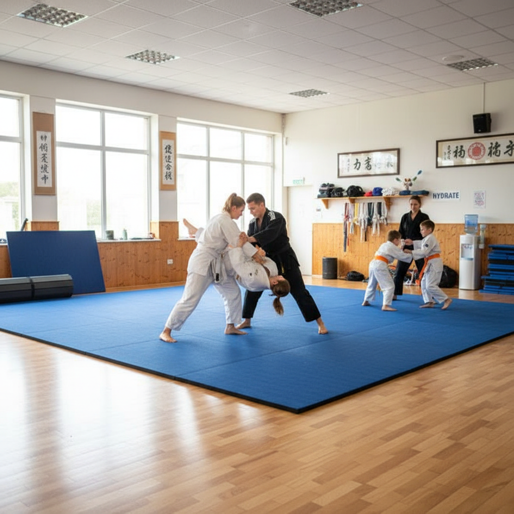 Premium Rollaway Gymnastics Wrestling Martial Arts Mat - 6 Metre Carpet Top with Impact-Absorbing Foam in Blue or Black