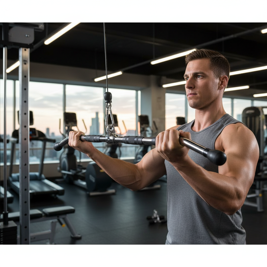 Premium Lat Pull Down Attachment with Rotating Chrome Centre Knuckle and Three Grip Options for Enhanced Performance