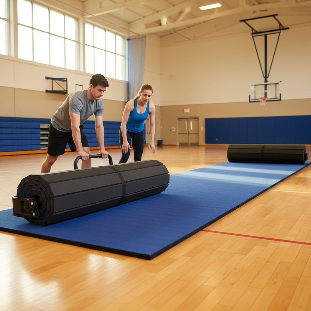 Premium 12 Metre Rollaway Gymnastics Wrestling Martial Arts Mat with Carpet Top and Impact-Absorbing Foam Base in Blue or Black