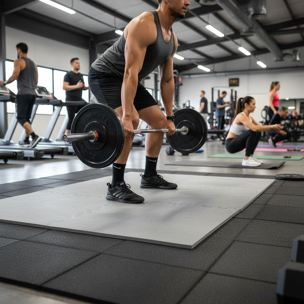 Premium Heavy Duty Gym Mats with Self-Locking Feature, Light Grey Flecks - Durable Rubber Tiles for Professional Training Areas