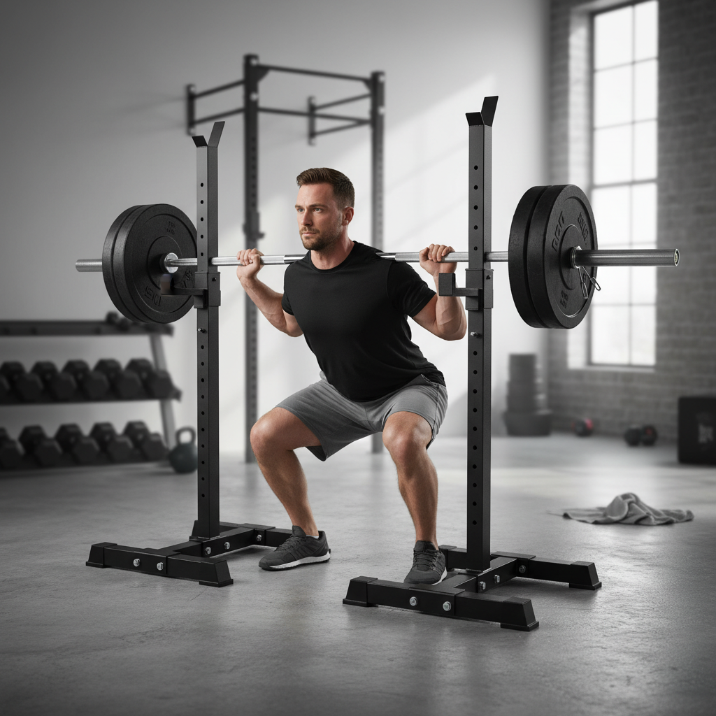 Premium Heavy Duty Adjustable Squat Stands with Spotter Arms and Rubber Feet for Stability and Grip - Ideal for Home Gym Use