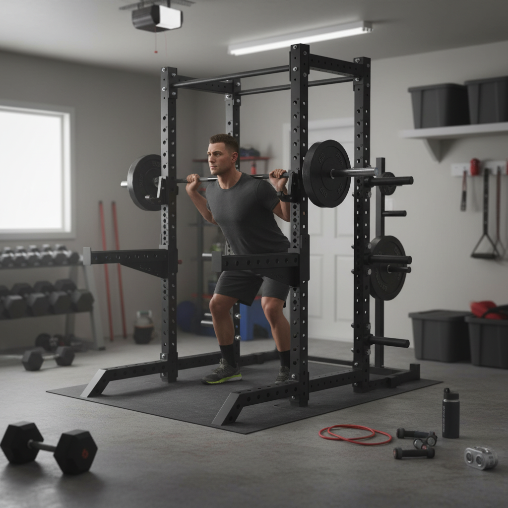 Professional Heavy Duty Garage Half Rack with Pull-Up Bar, Padded J Hooks, and Spotter Arms - Ideal for Home Gym