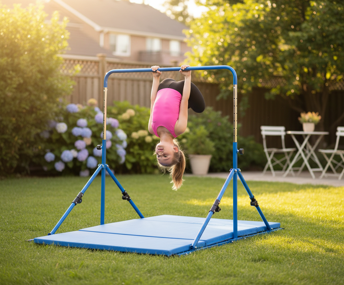 Premium Folding Junior Gymnastics Bars - Adjustable 84cm to 125cm with Free Tumble Mat in Pink, Green, or Blue