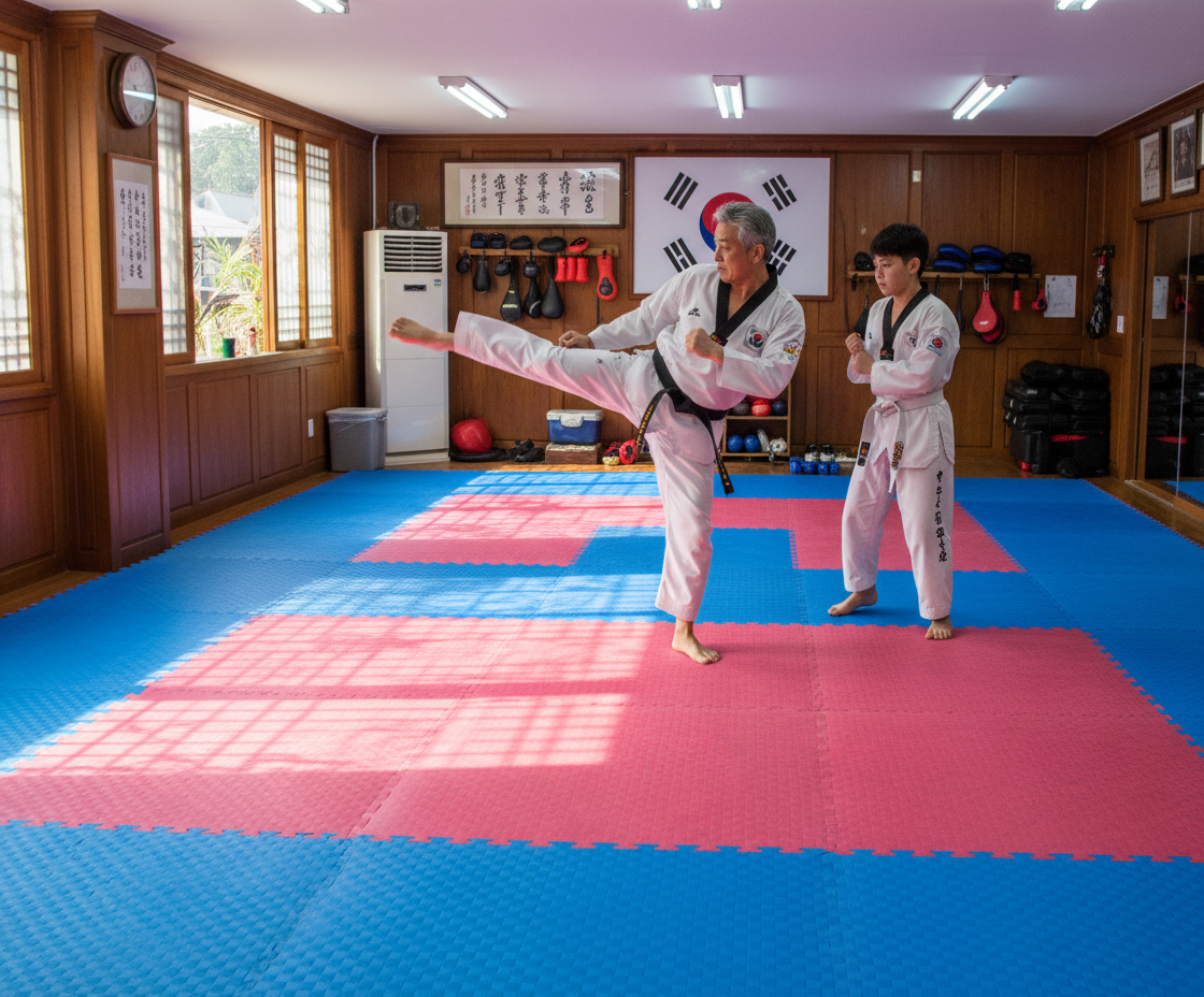 Premium 20mm Red/Blue Taekwondo Jigsaw Mat - High-Density EVA Foam, Waterproof, and Reversible Design for Striking Sports