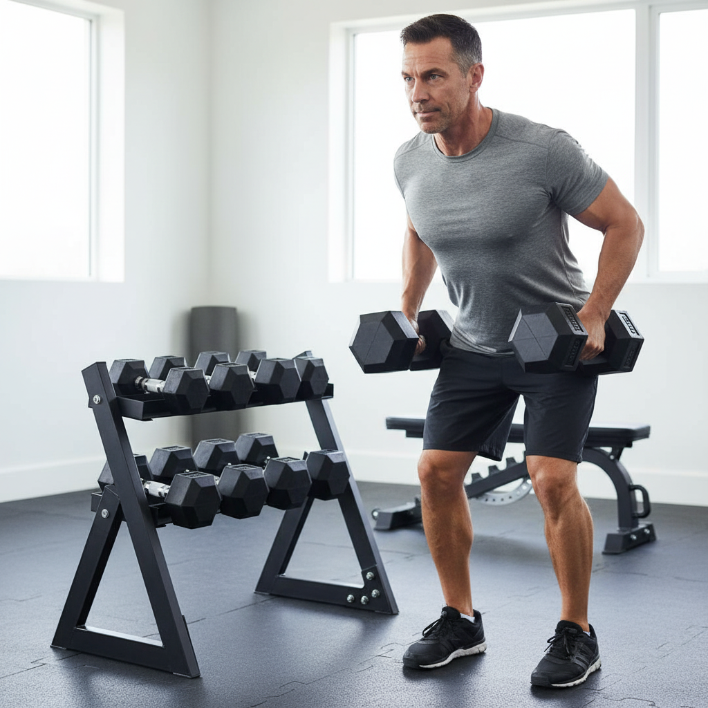 Professional Heavy Duty Dumbbell Set with 4 Pairs from 5kg to 20kg and Compact Storage Rack