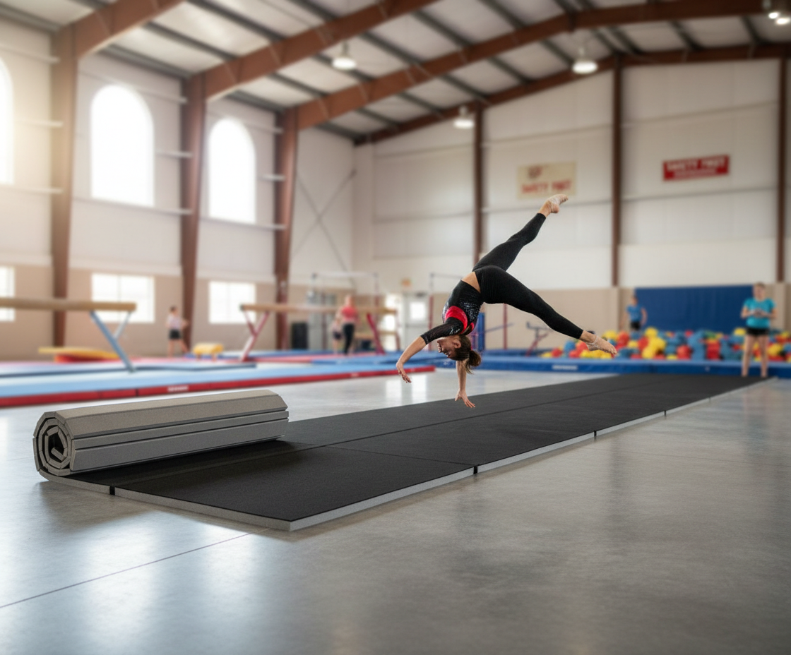 Professional Heavy Duty 12m x 1.5m x 40mm Gymnastics Roll Out Mats with Velcro for Quick Setup and Safety