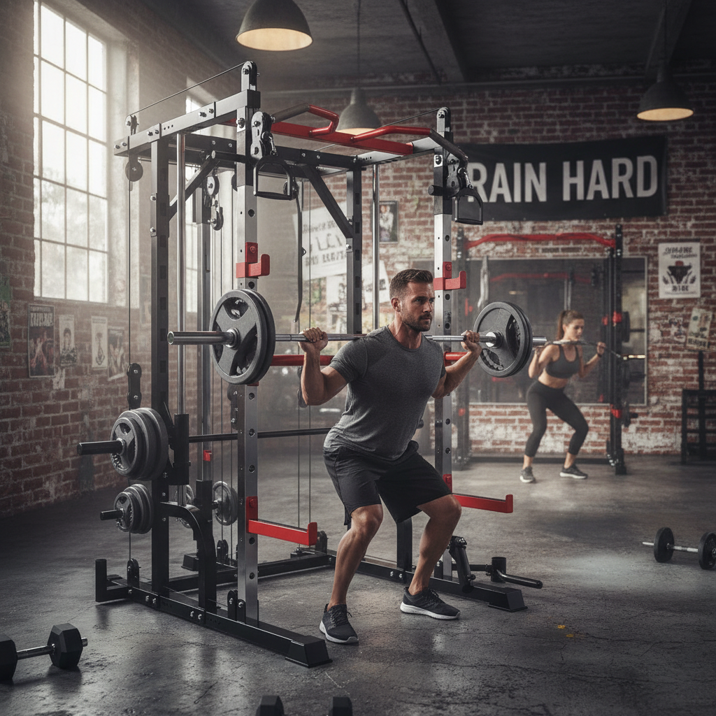 Premium Multi-Functional Strength Training Machine with Adjustable Cables and Guided Barbell System for Full-Body Workouts