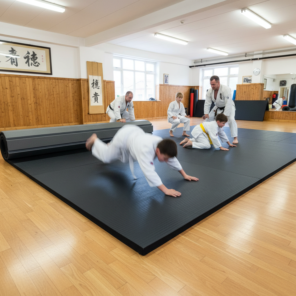 Premium Rollaway Gymnastics Wrestling Martial Arts Mat - 6 Metre Vinyl Top, Lightweight with Excellent Impact Absorption in Blue or Black