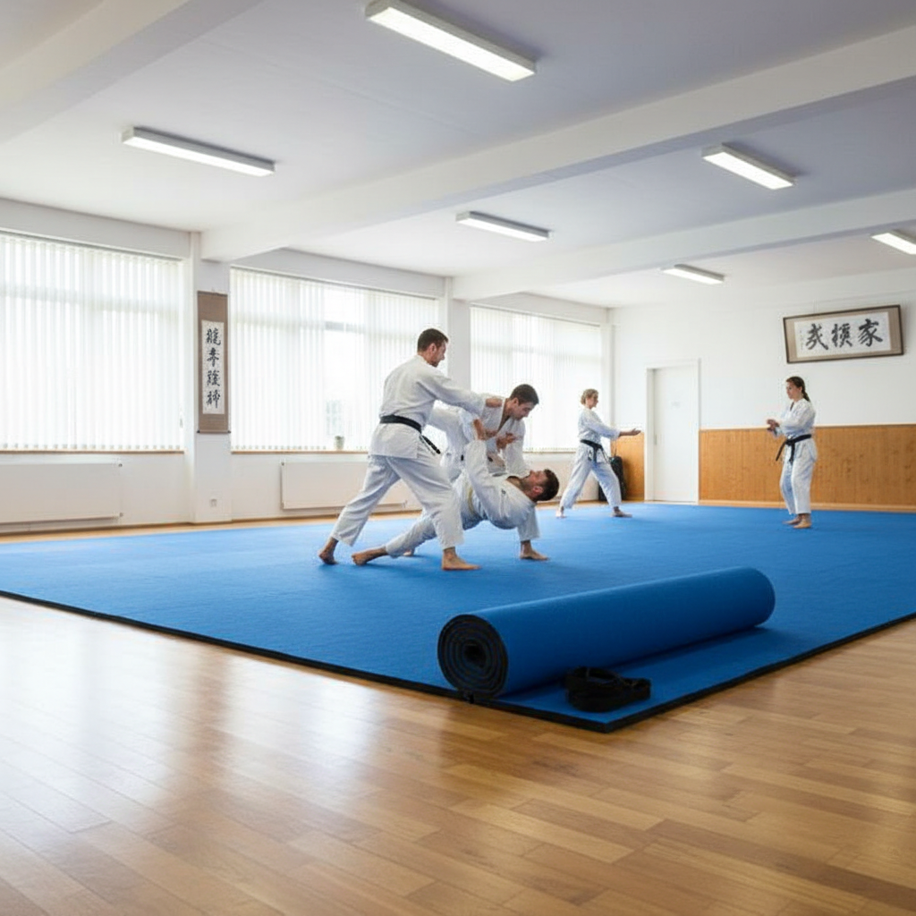 Premium 12 Metre Rollaway Gymnastics Wrestling Martial Arts Mat with Carpet Top and Impact-Absorbing Foam Base in Blue or Black