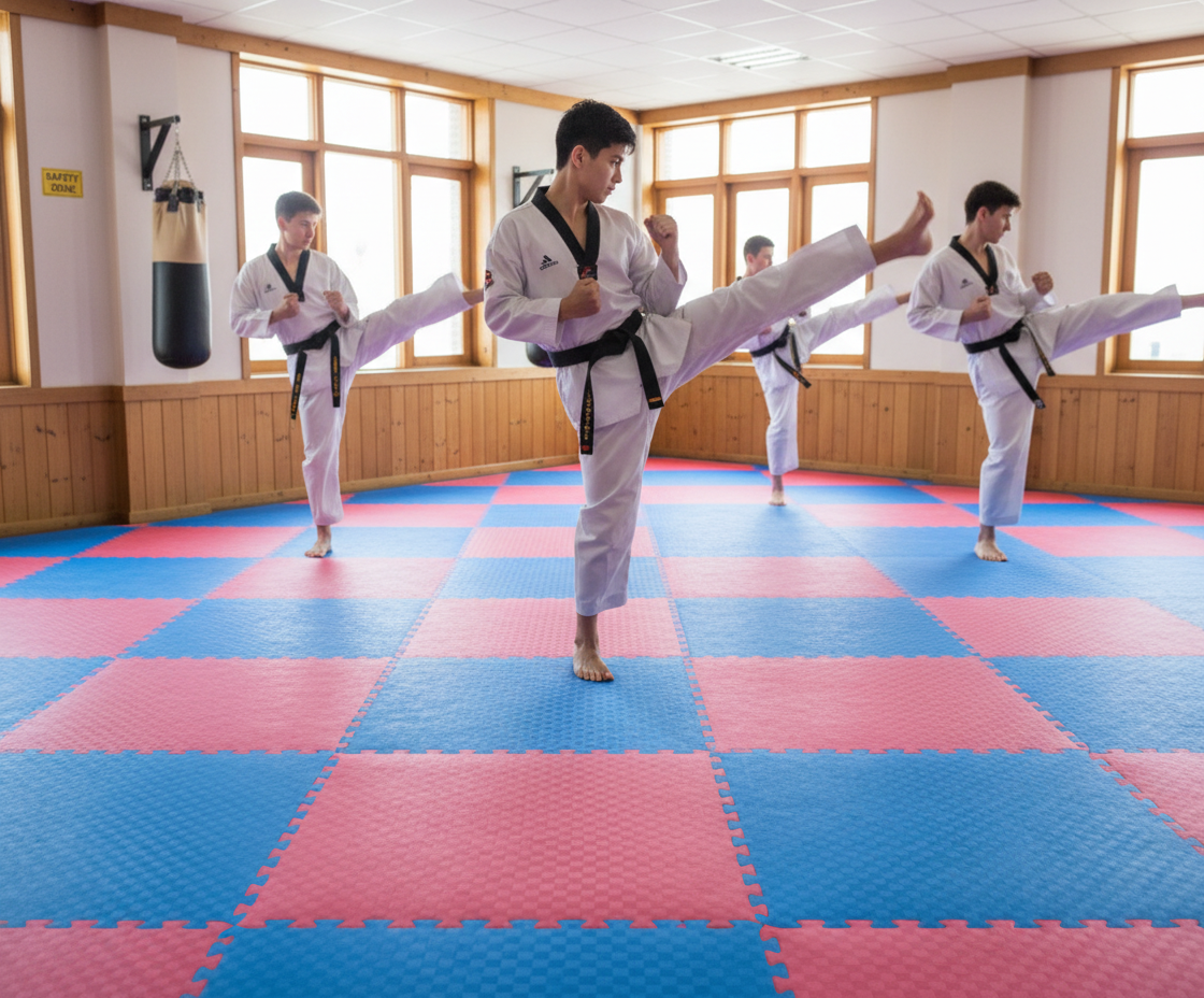 Premium 20mm Red/Blue Taekwondo Jigsaw Mat - High-Density EVA Foam, Waterproof, and Reversible Design for Striking Sports
