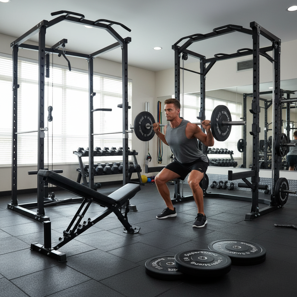 Heavy Duty 100kg Bumper Plate Set with Cable Squat Rack & 7FT Barbell for Olympic Lifting