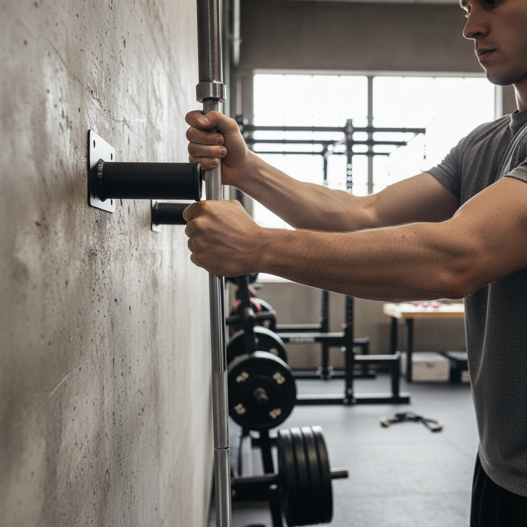 Premium Wall Mounted Barbell Holder for Vertical Storage - Solid Steel with Black Powder Coating
