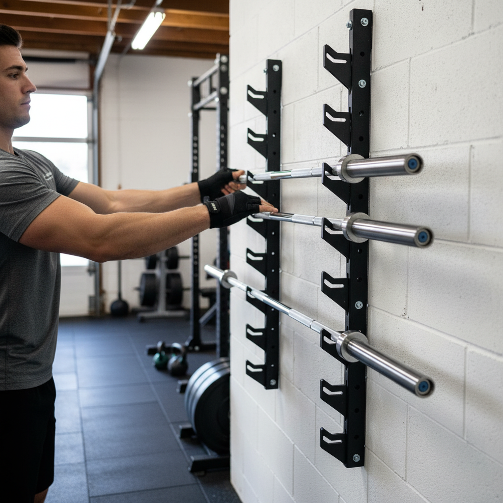 Premium Heavy Duty Wall Mounted Barbell Shelf with 8 Plastic-Lined Brackets for Olympic Bars Storage