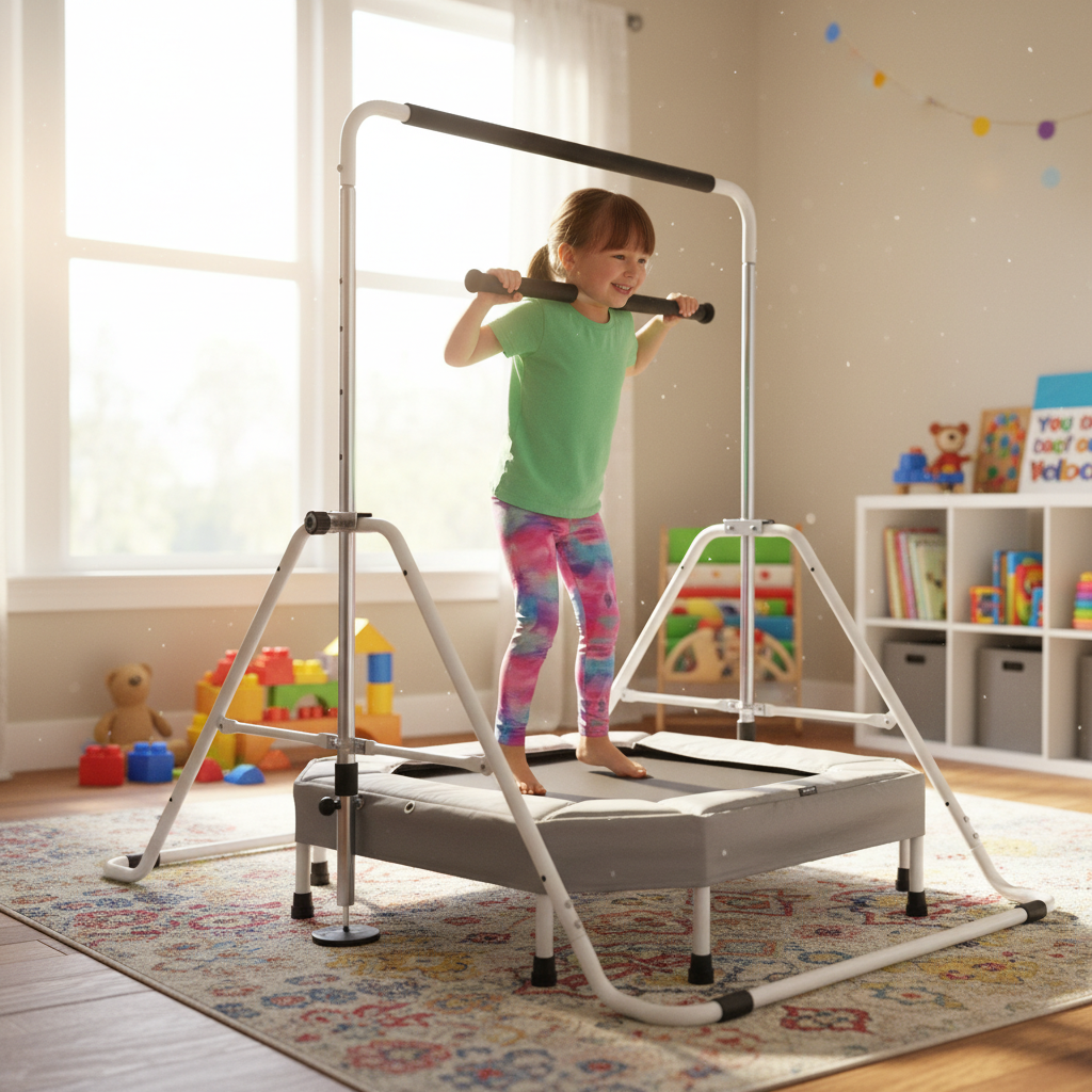 Premium Mini Folding Junior Gymnastics Bar with Built-In Trampoline for Enhanced Skills and Fun - Supports Up to 70kg