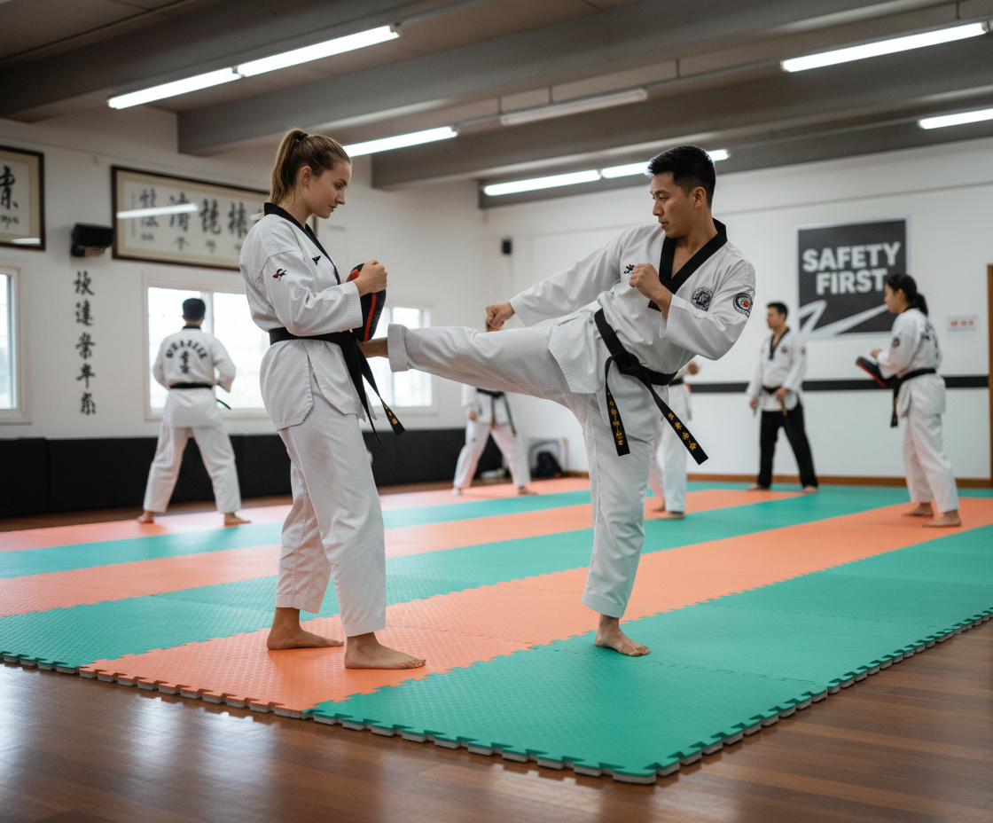 Premium 20mm Thick High-Performance Taekwondo Jigsaw Mat - Reversible Green/Orange 1m x 1m for Striking Sports