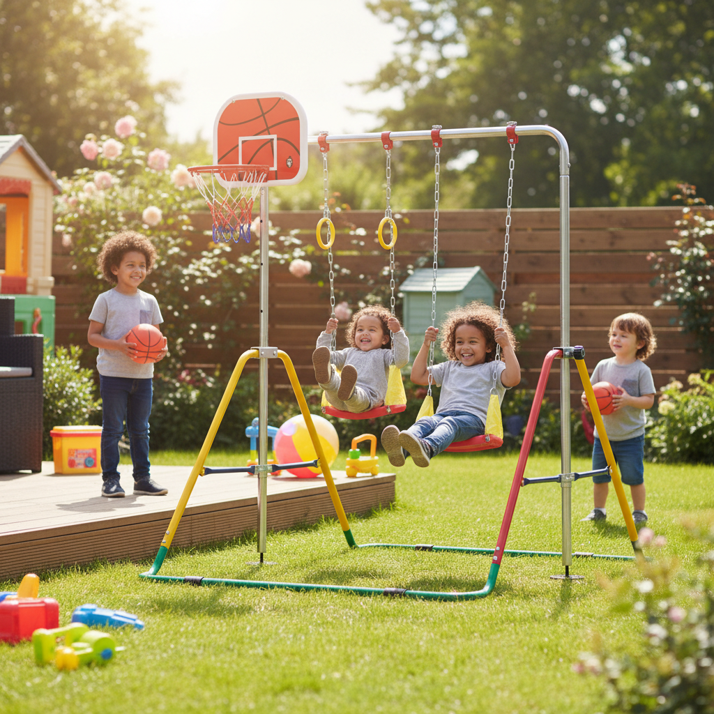 Premium Mini Folding Gymnastics Bar Activity Station with Basketball Hoop, Swing, and Rings for Kids, Adjustable Heights for Ages Up to 6 Years