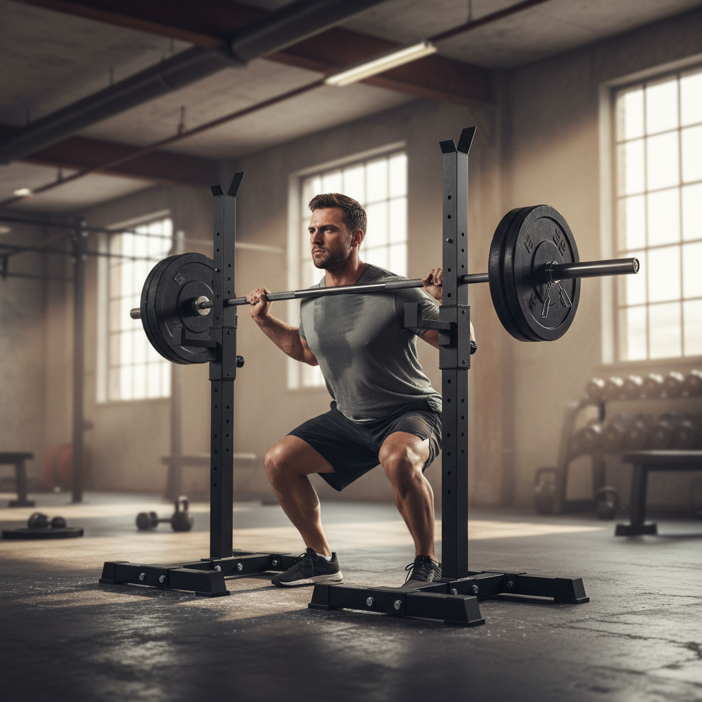 Premium Heavy Duty Adjustable Squat Stands with Spotter Arms and Rubber Feet for Stability and Grip - Ideal for Home Gym Use