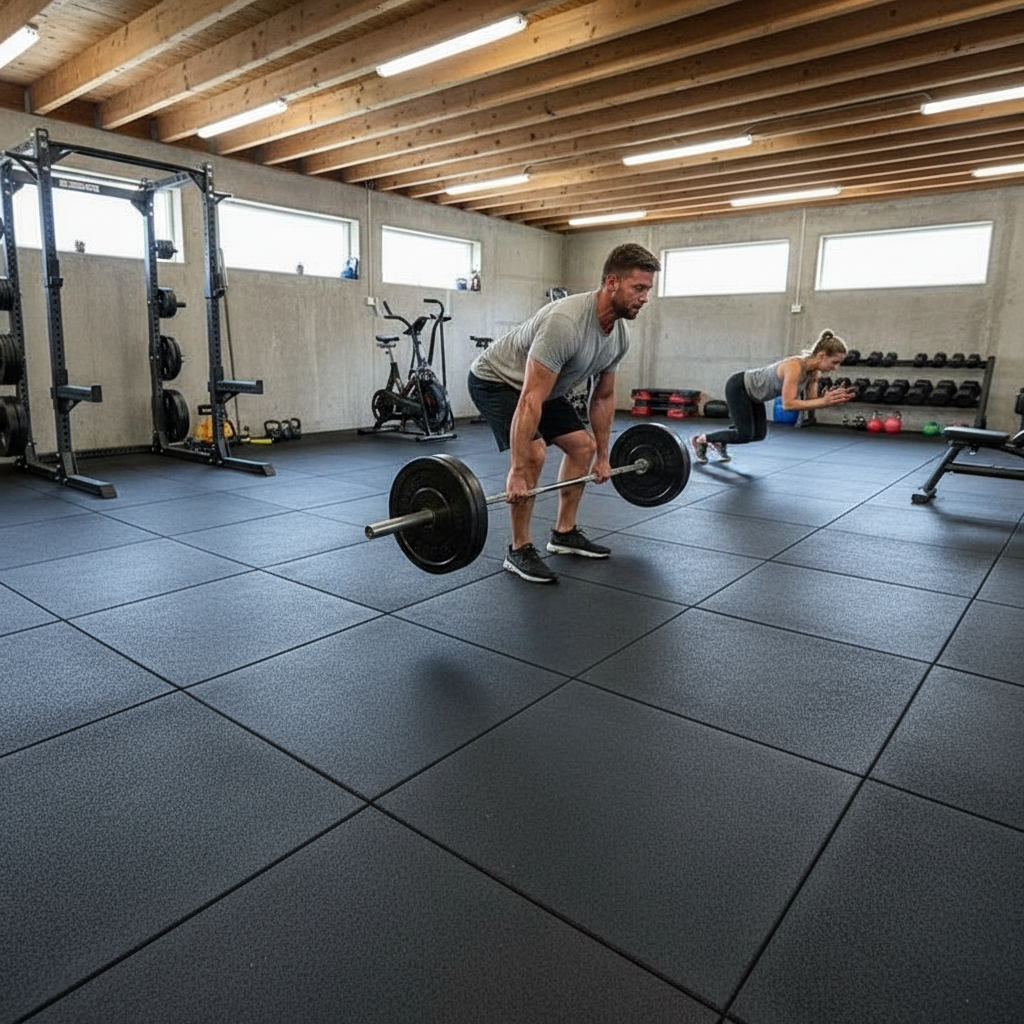 Premium Heavy Duty Solid Grey Garage Gym Flooring Set – 13m² of 20mm Rubber Tiles for Home Fitness Spaces