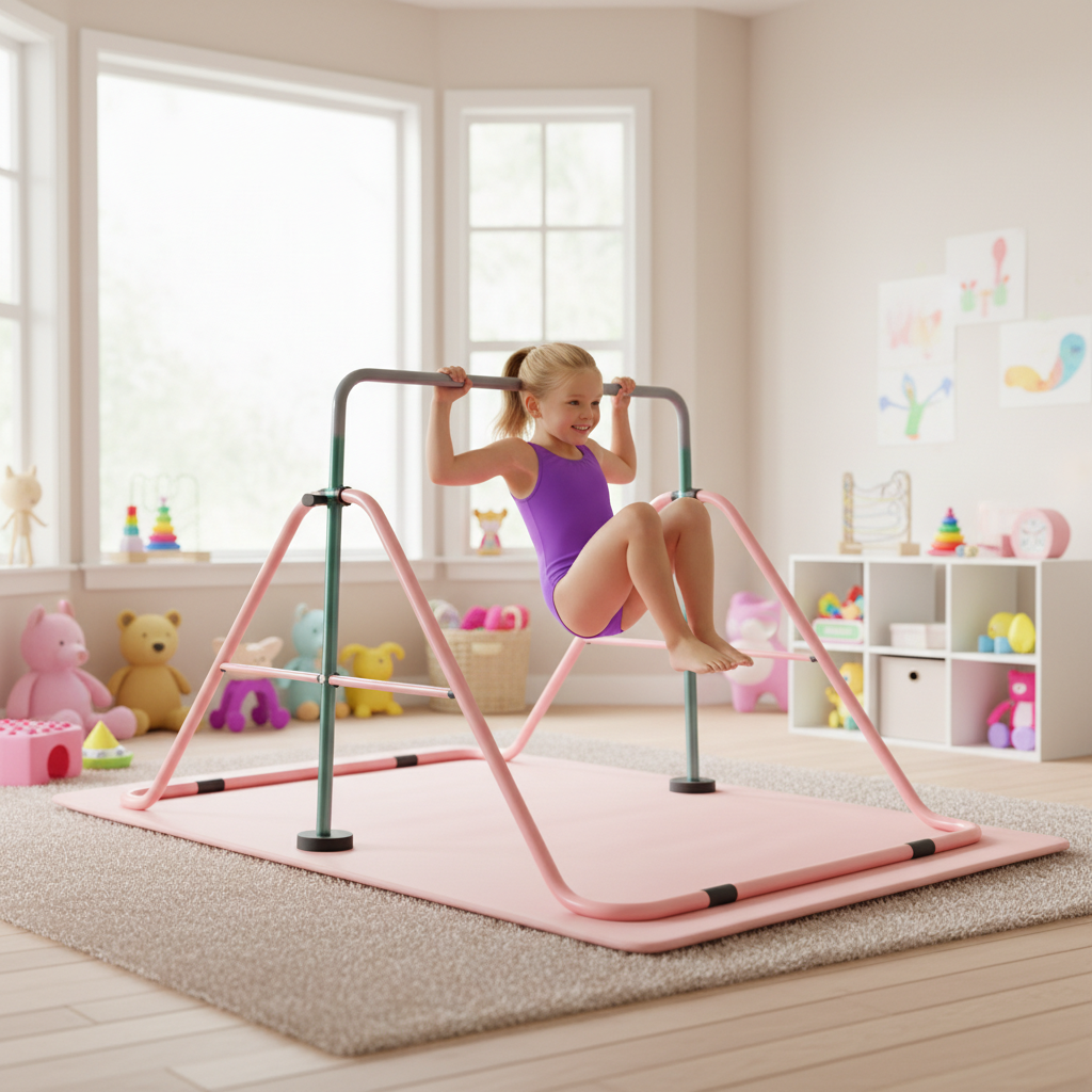 Premium Adjustable Height Junior Gymnastics Bar with Safety Mat for Home Use, Ideal for Strength and Coordination Training