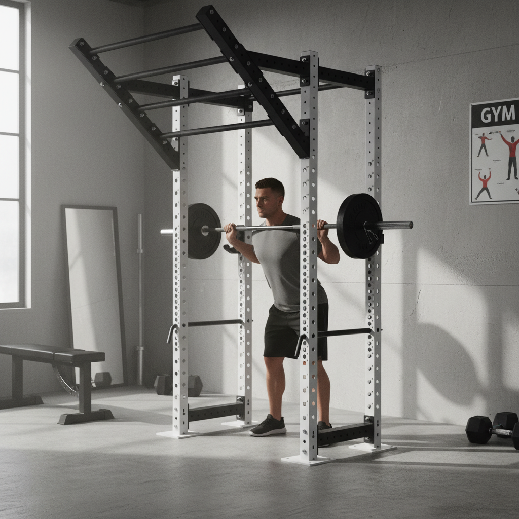 Premium Compact Power Rack with Heavy Duty 11 Gauge Steel Construction, Ideal for Space Constraints, Includes J Cups and Floor Bolts