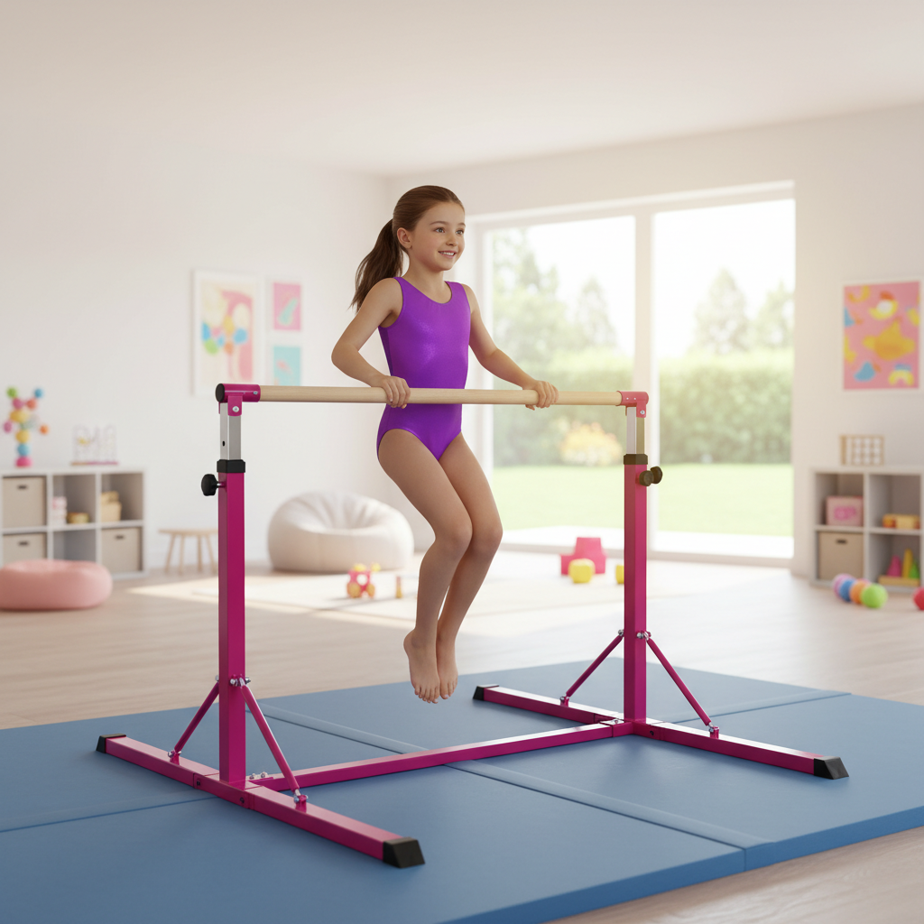 Premium Heavy Duty Folding Junior Pro Adjustable Horizontal Bars for Gymnastics – 3-5ft with Sturdy Fiberglass Construction