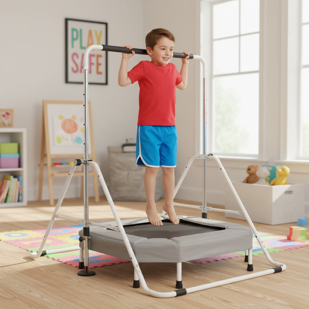 Premium Mini Folding Junior Gymnastics Bar with Built-In Trampoline for Enhanced Skills and Fun - Supports Up to 70kg